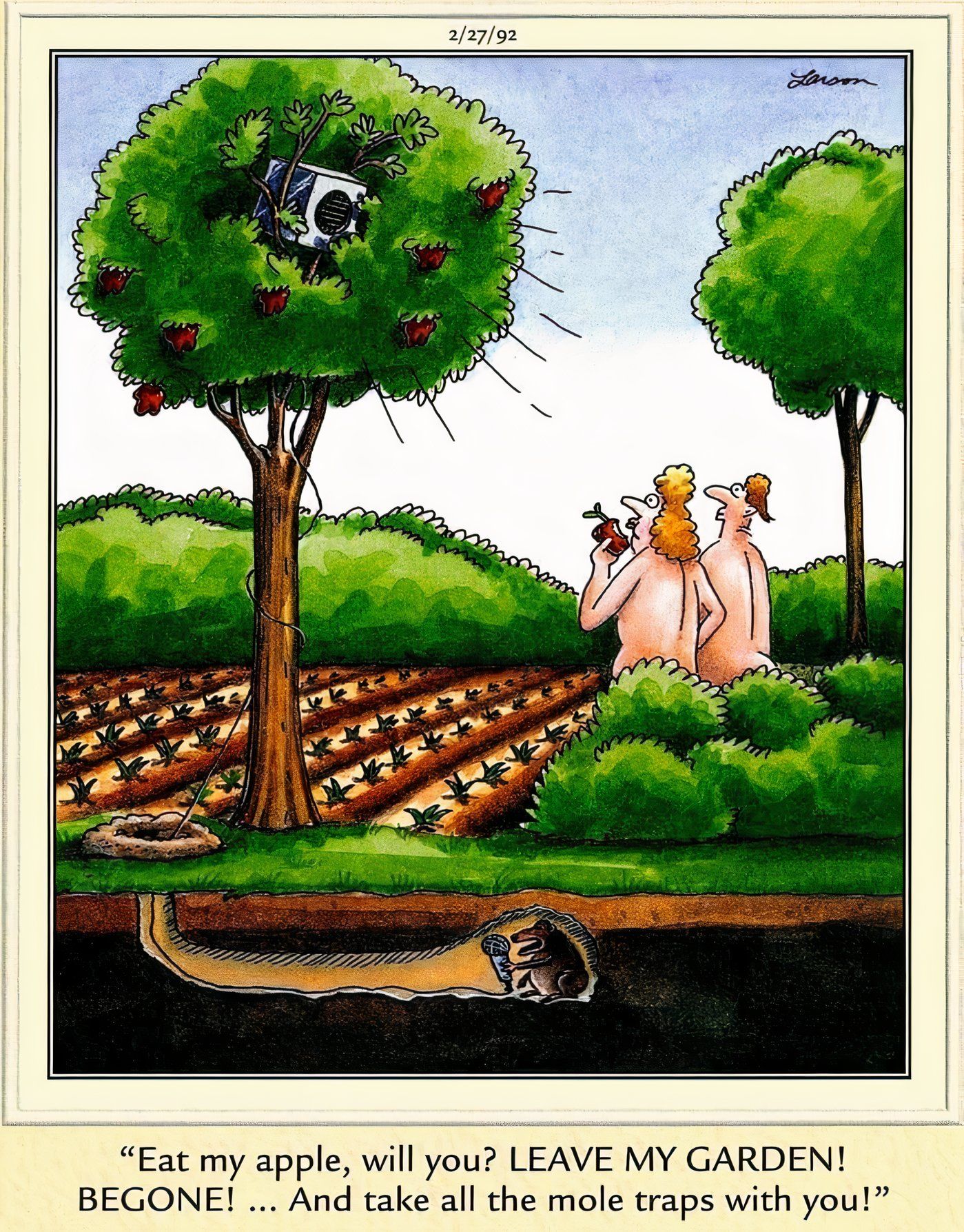 Adam and Eve tricked into leaving the Garden of Eden by a mole in The Far Side.