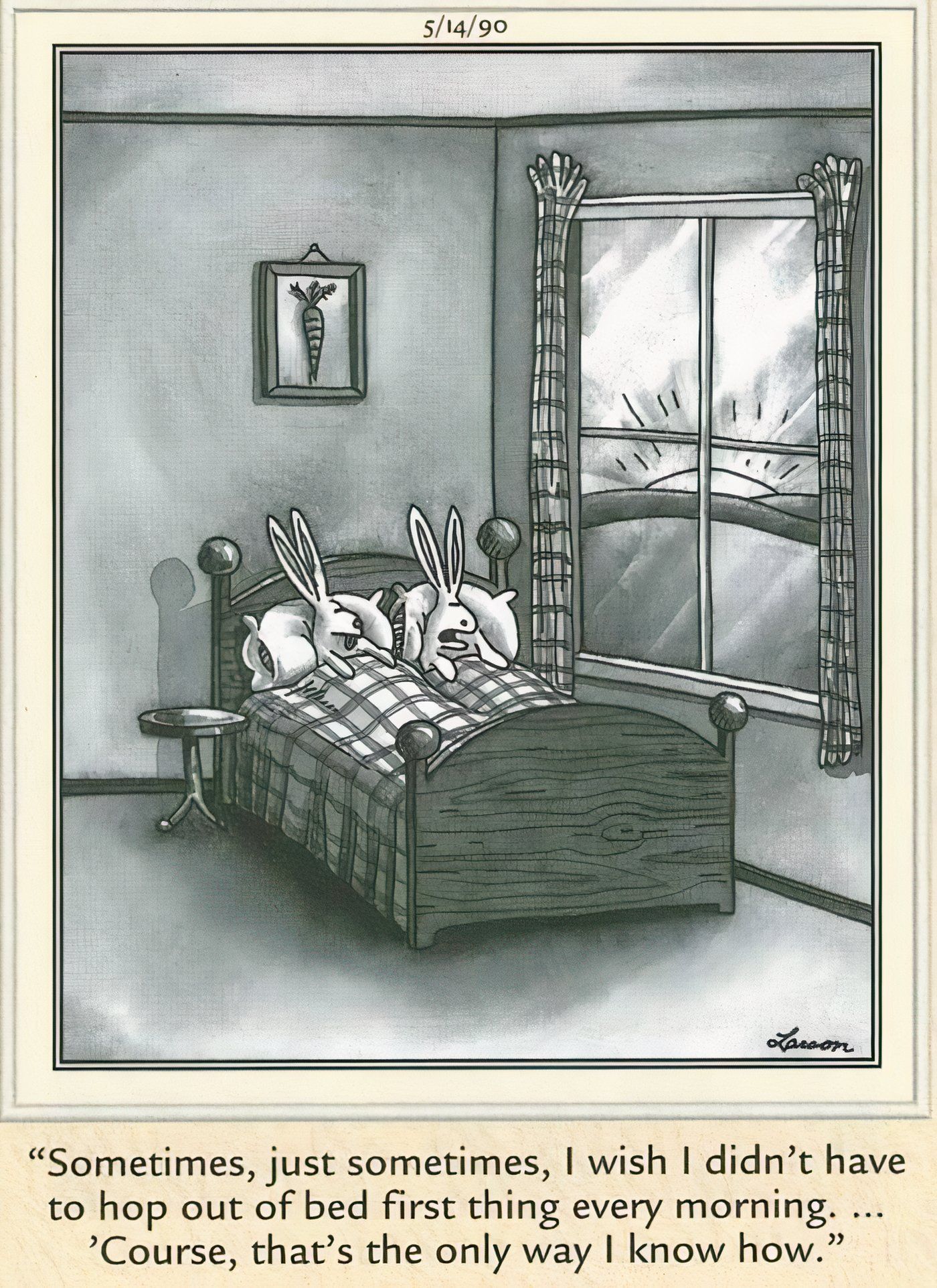 Two bunnies talking while lying in bed in The Far Side.