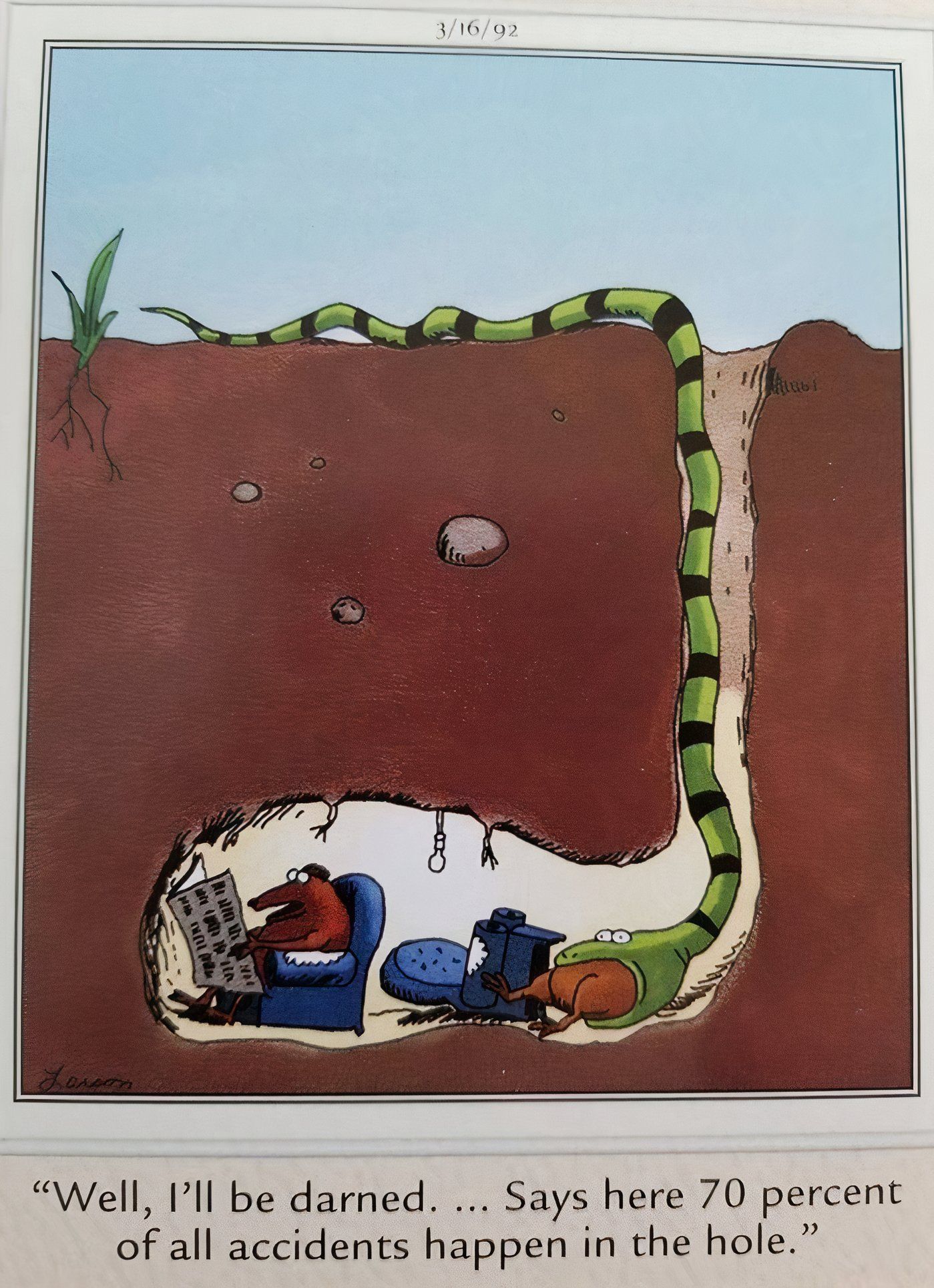 A mole getting eaten by a snake in The Far Side.