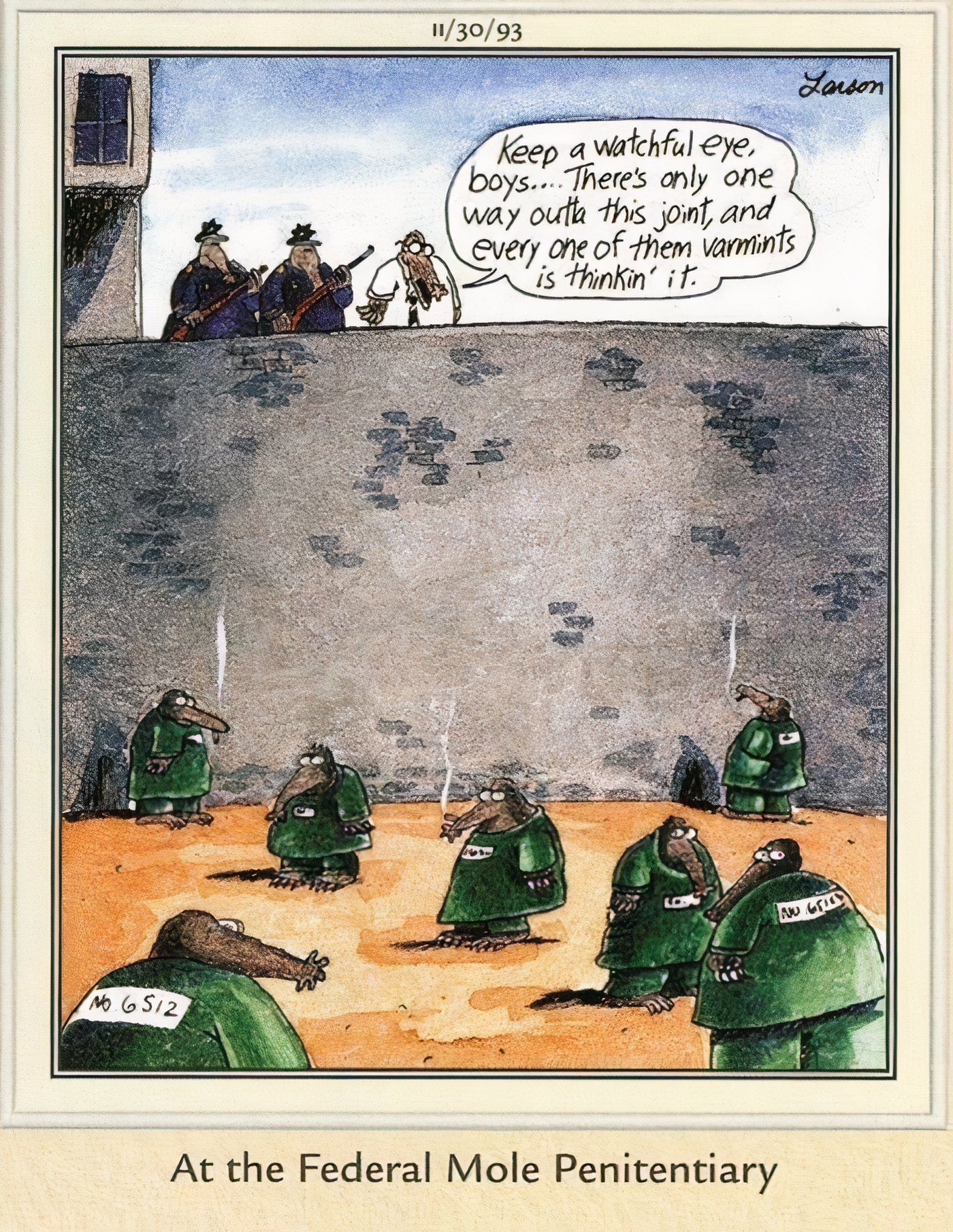 A prison filled with moles in The Far Side.