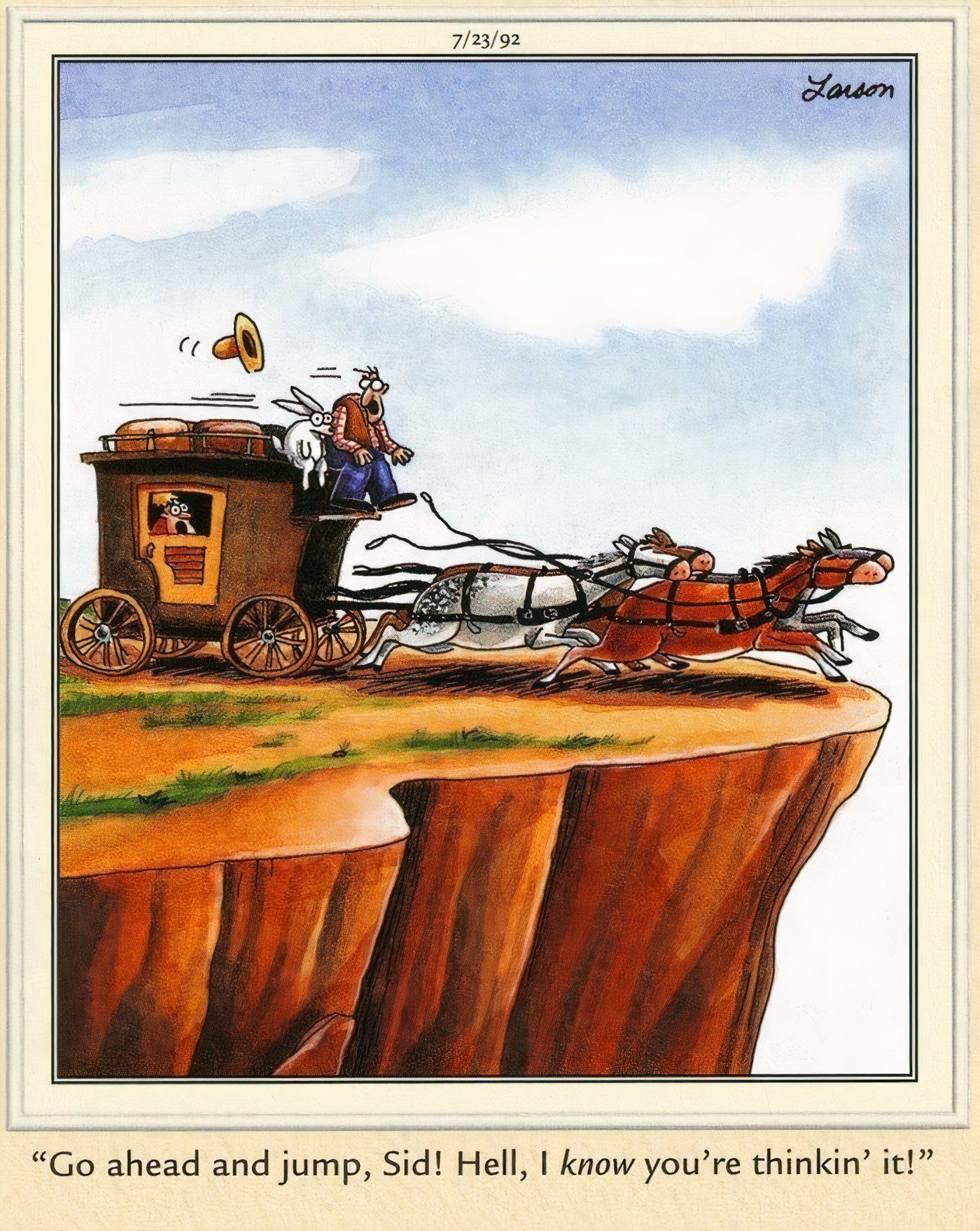 A bunny steering a horse-drawn carriage right off a cliff in The Far Side.