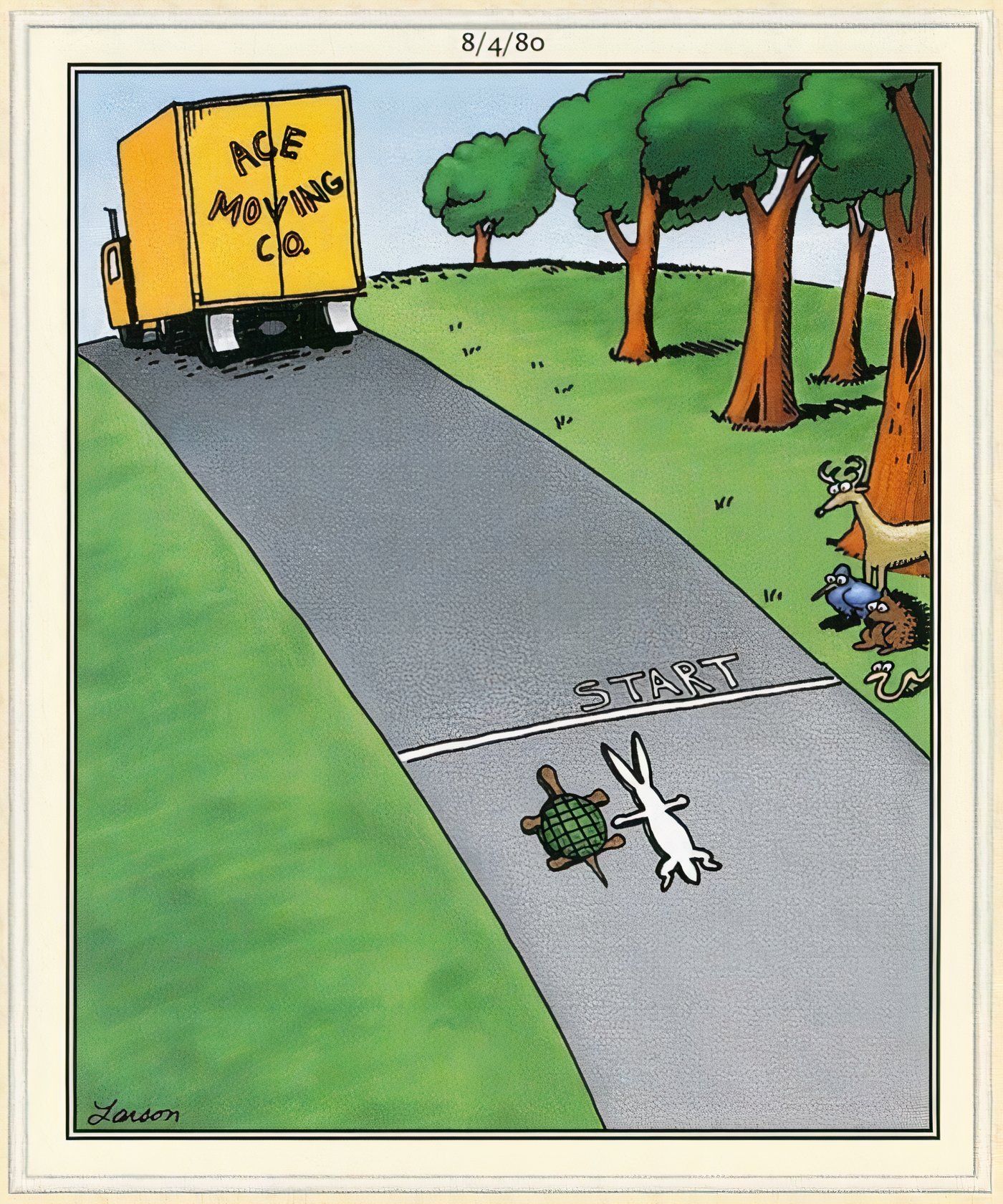 The tortoise and the hare getting run over by a truck in The Far Side.