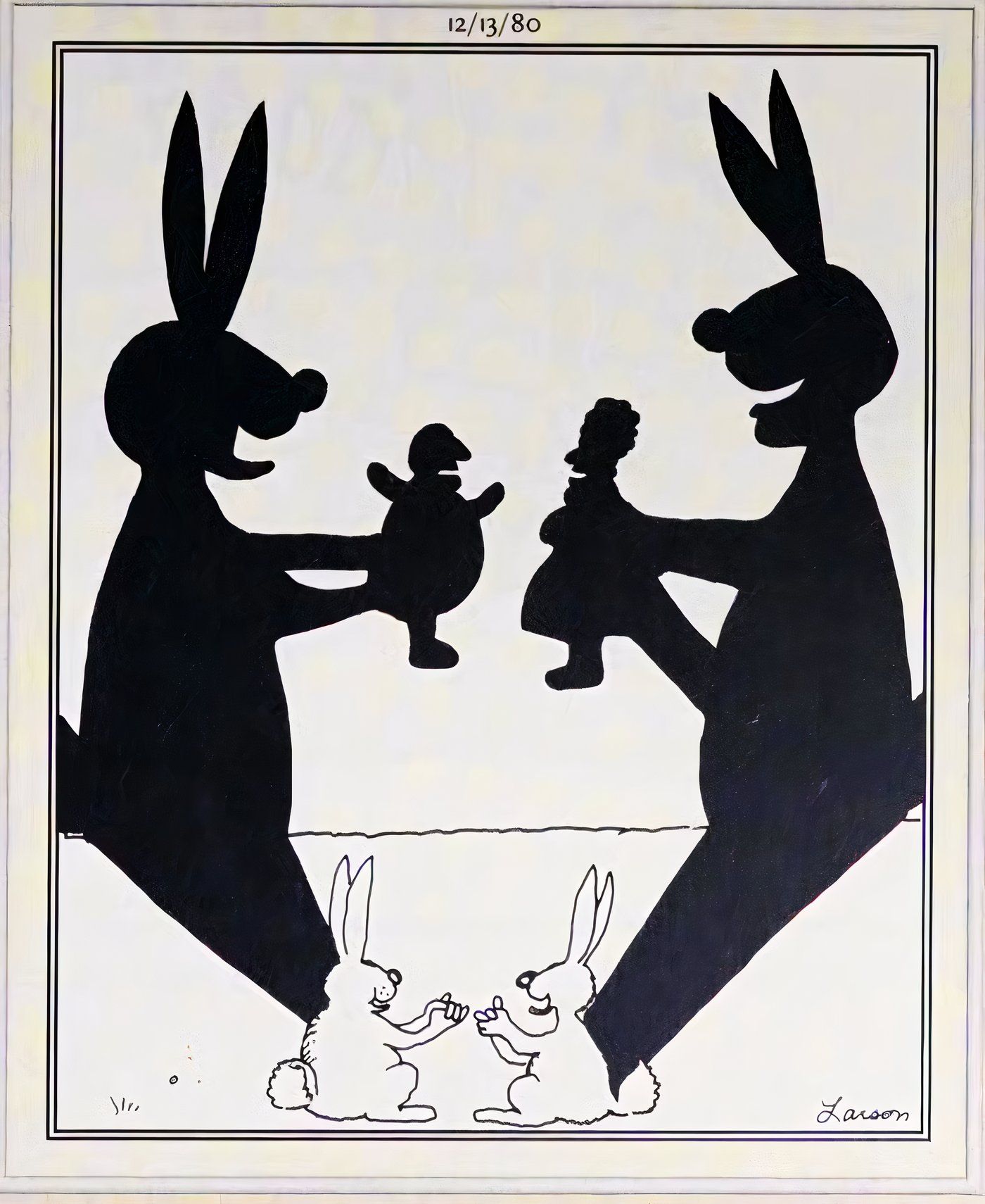 Bunnies making hand shadow puppets of humans.