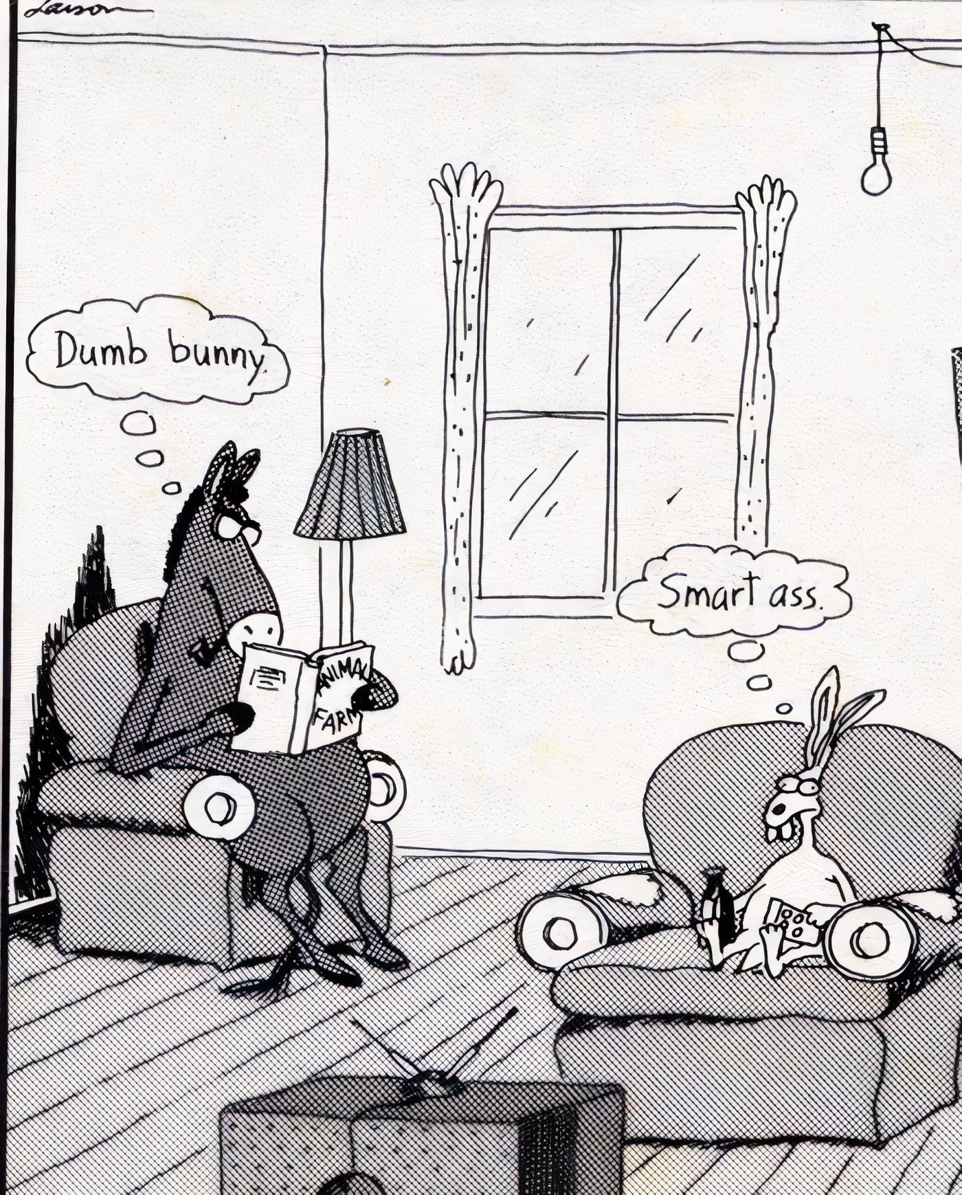 A bunny and a donkey insulting each other in The Far Side.