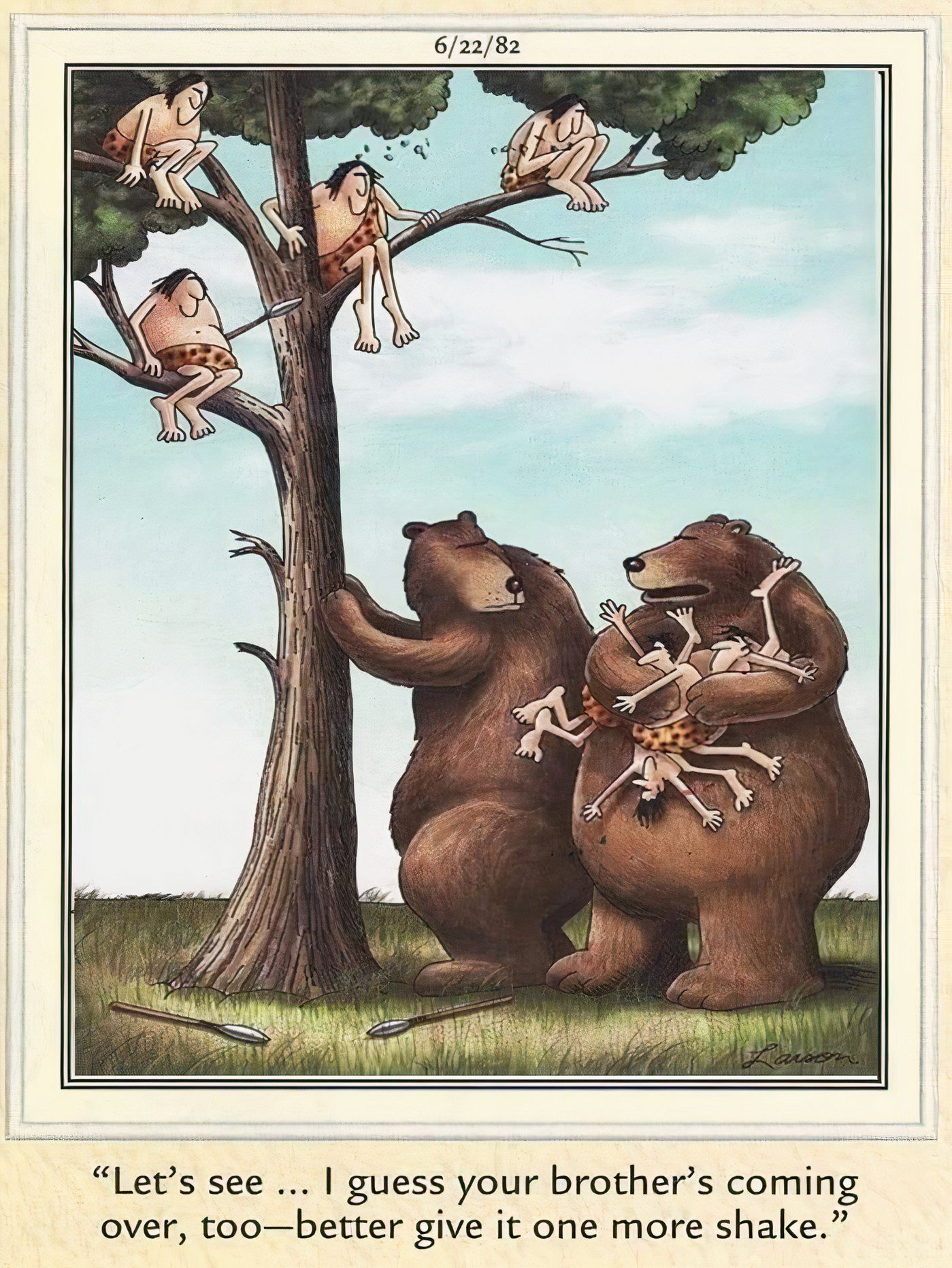 Bears shaking humans out of trees in The Far Side.