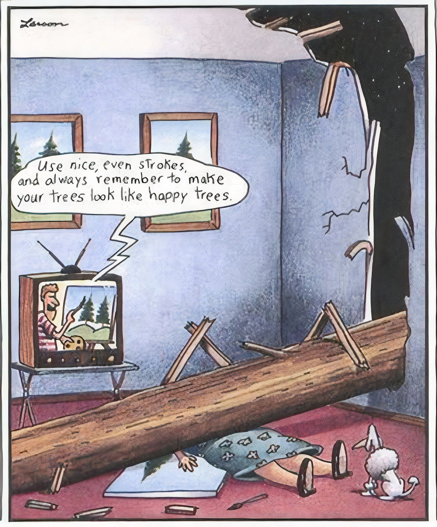 A tree crushing a woman in her home in The Far Side.