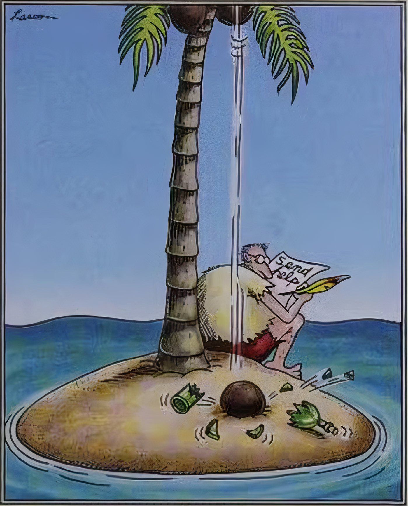 A garrafa de vidro de um homem sendo destruída por um coco em The Far Side.