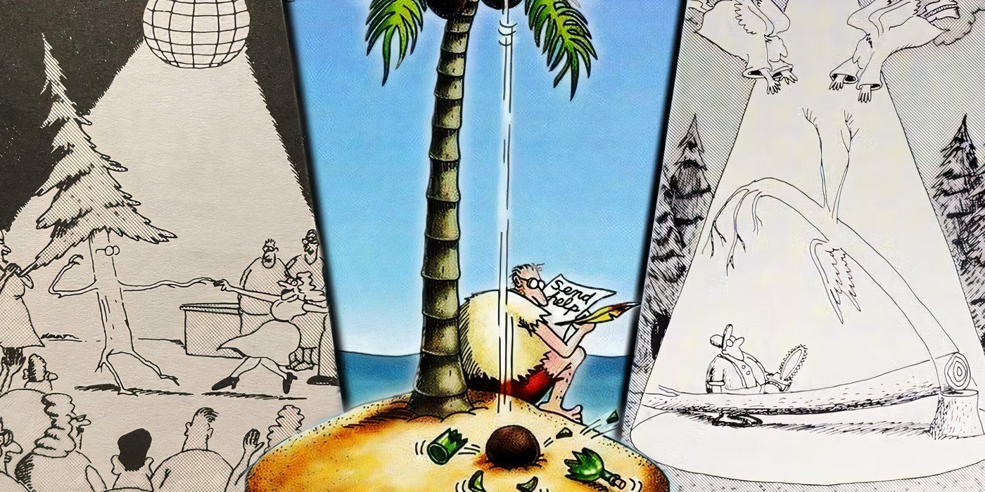 The Far Side comics featuring trees dancing, dying, and trying to kill someone with a coconut.