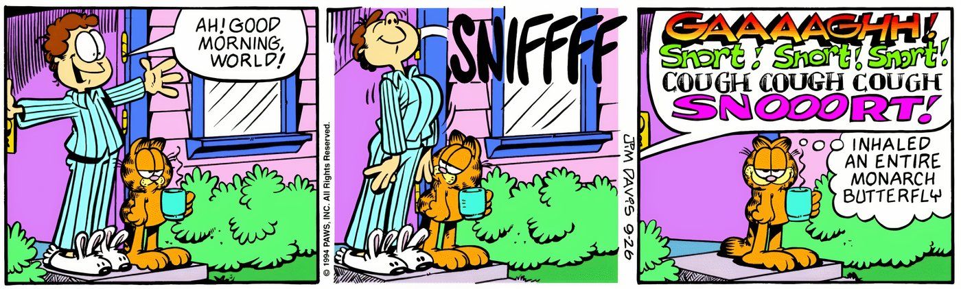 Garfield laughs at Jon for swallowing a butterfly.