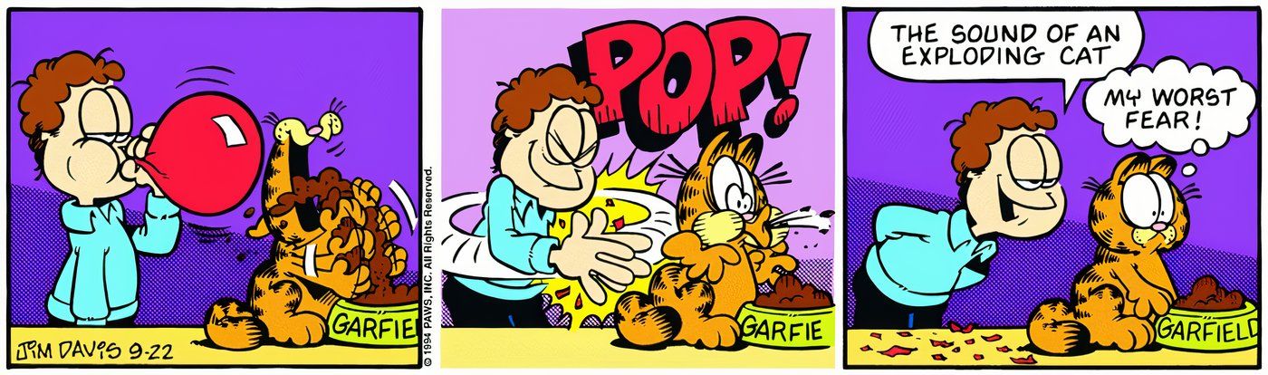 Jon pops the balloon behind Garfield, scarring him.