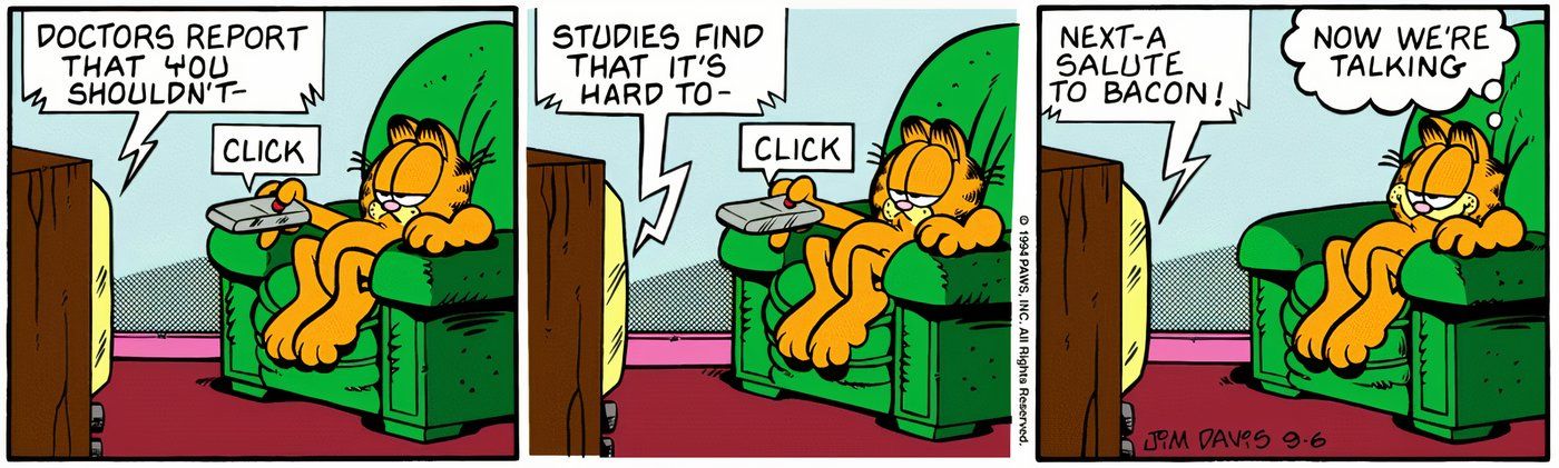 Garfield sits in a chair and looks through the channels on TV.