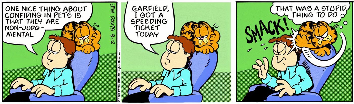 Garfield batendo em Jon por ter recebido uma multa por excesso de velocidade. 