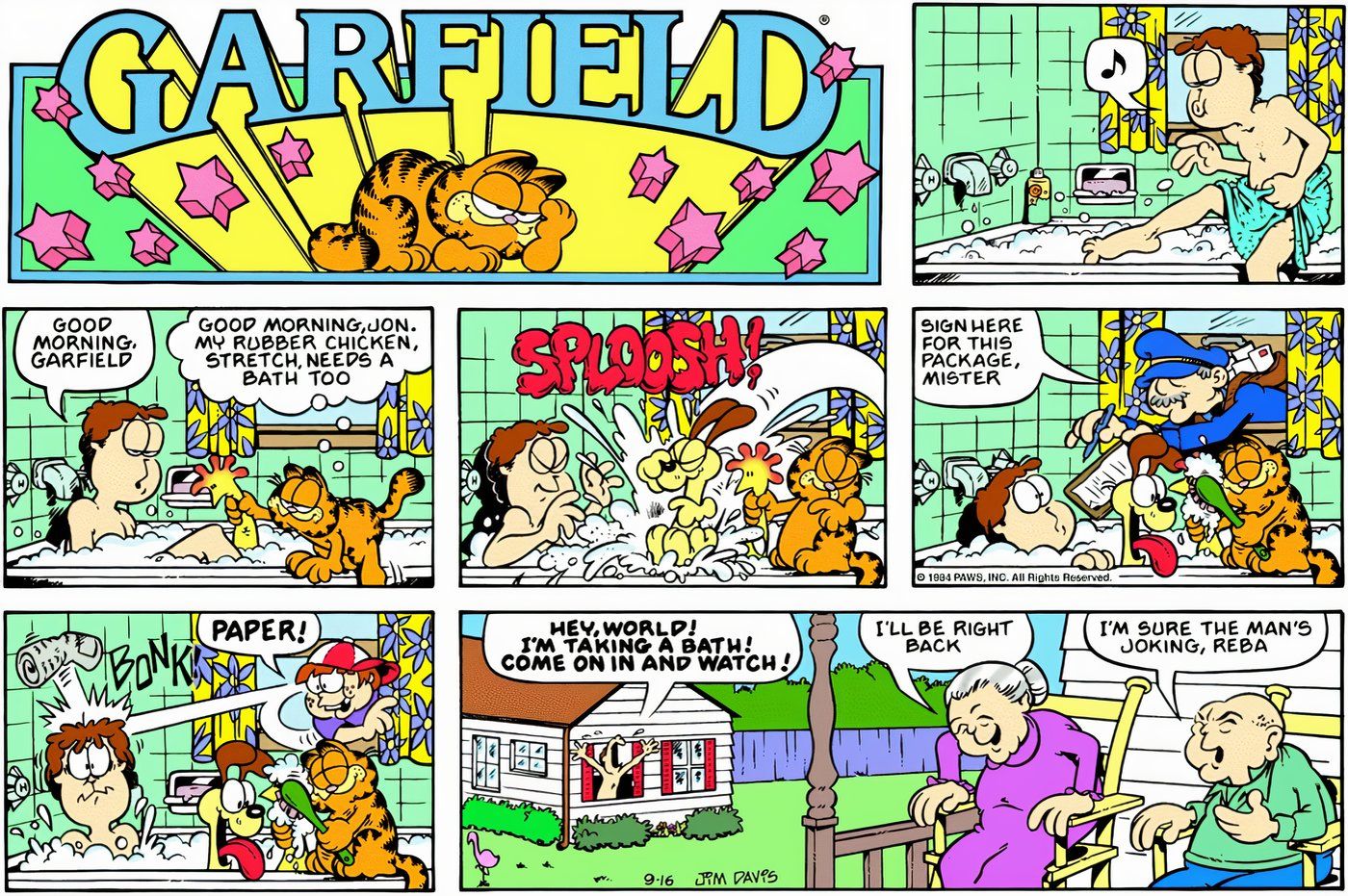 Garfield, Odie y todo el vecindario molestan a John en su baño.