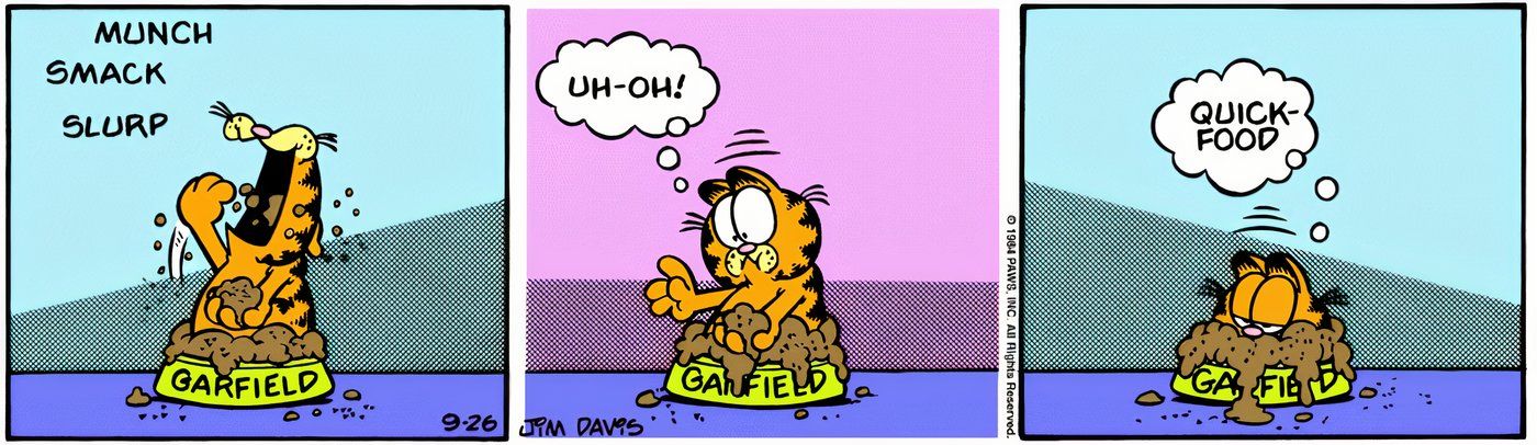 Garfield se sumerge en un plato de comida para gatos.