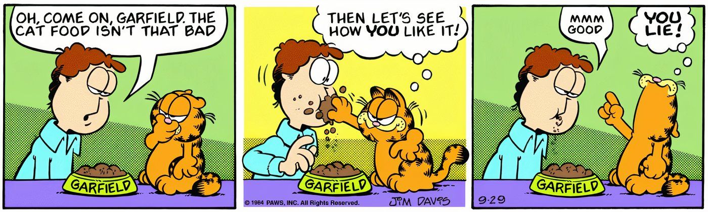 Jon finge que le gusta la comida para gatos de Garfield. 