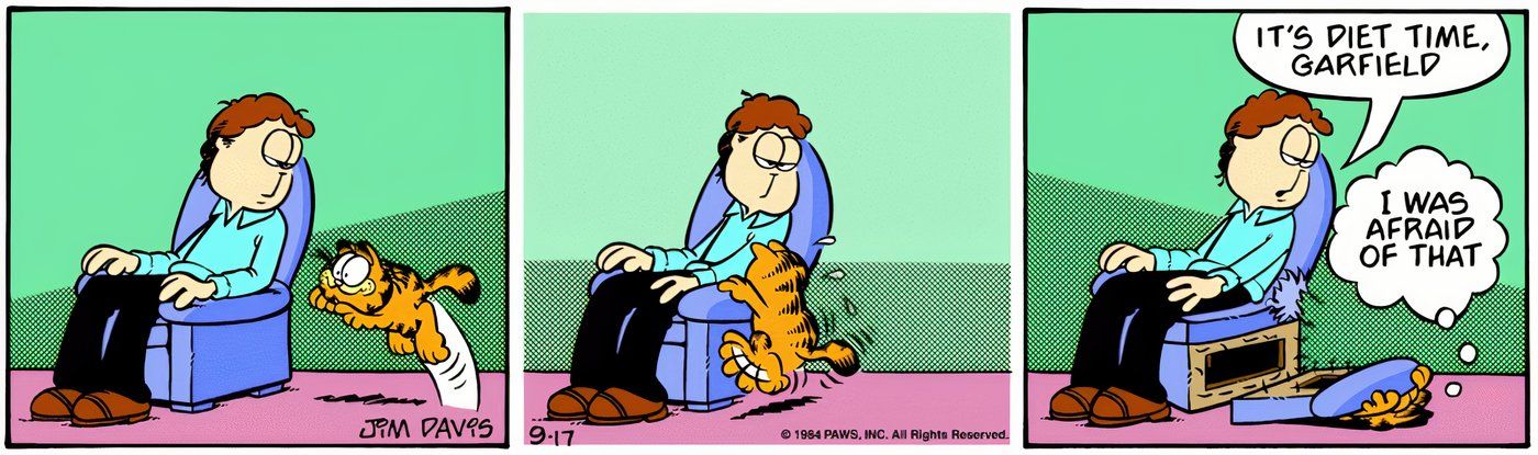 Garfield rompe la silla de John cuando intenta saltar sobre ella.