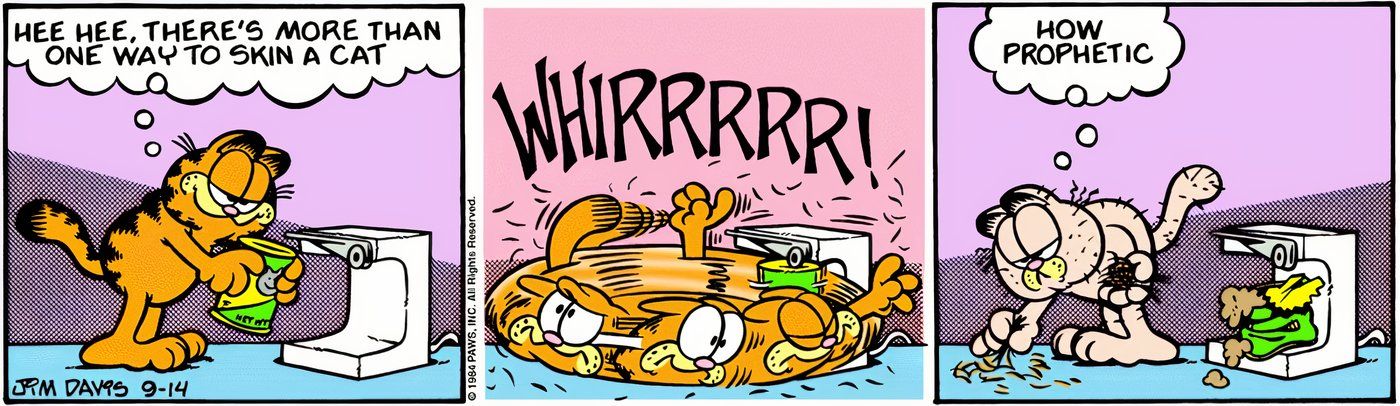 Garfield se afeita en la máquina de enlatar. 