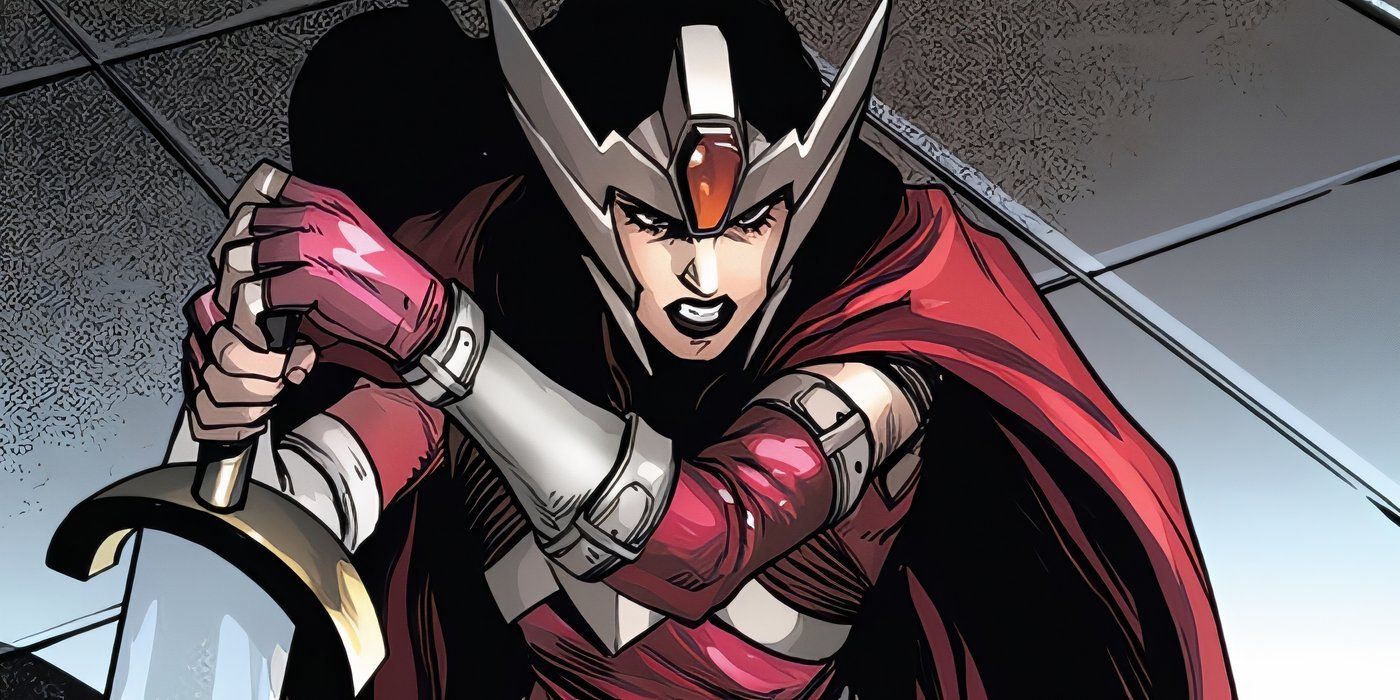 Lady Sif se arrodilla con una espada en el nuevo universo final.