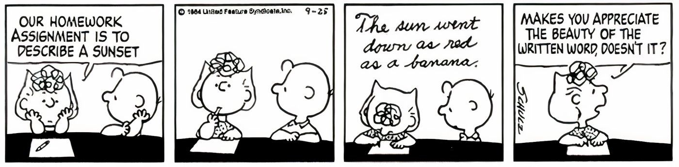 Sally escreve um poema sobre o pôr do sol e Charlie Brown acha isso terrível.