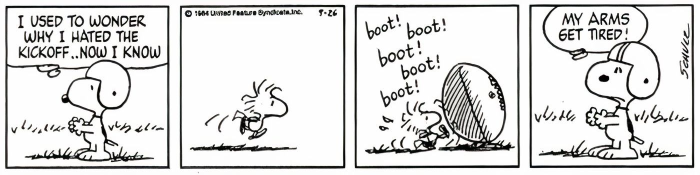 Woodstock tentando chutar a bola de futebol no Snoopy.