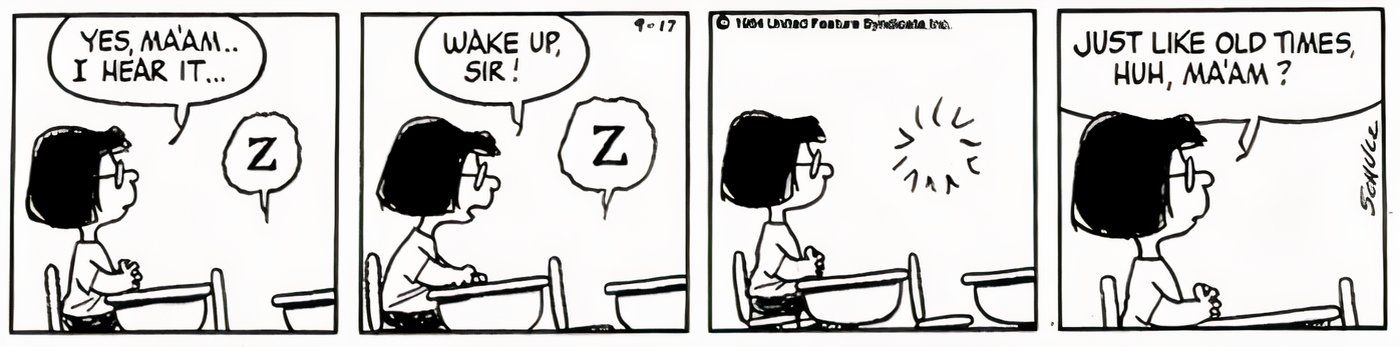 Marcie interagindo com a memória de Peppermint Patty. 