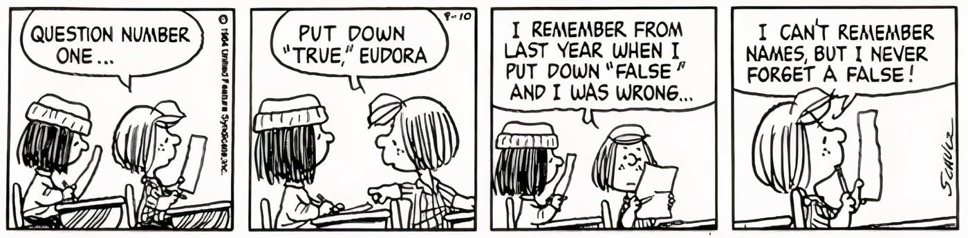 Peppermint Patty ajudando um colega de classe a trapacear. 