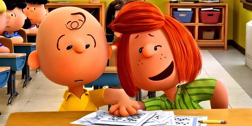 Peanuts' Peppermint Patty and Charlie Brown in a classroom.