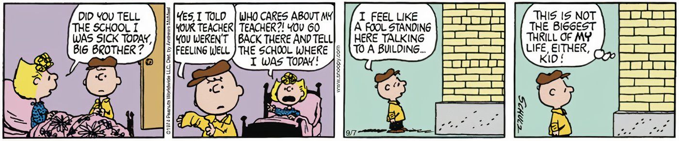 Charlie Brown conversando com Sally no prédio da escola enquanto ela está doente.