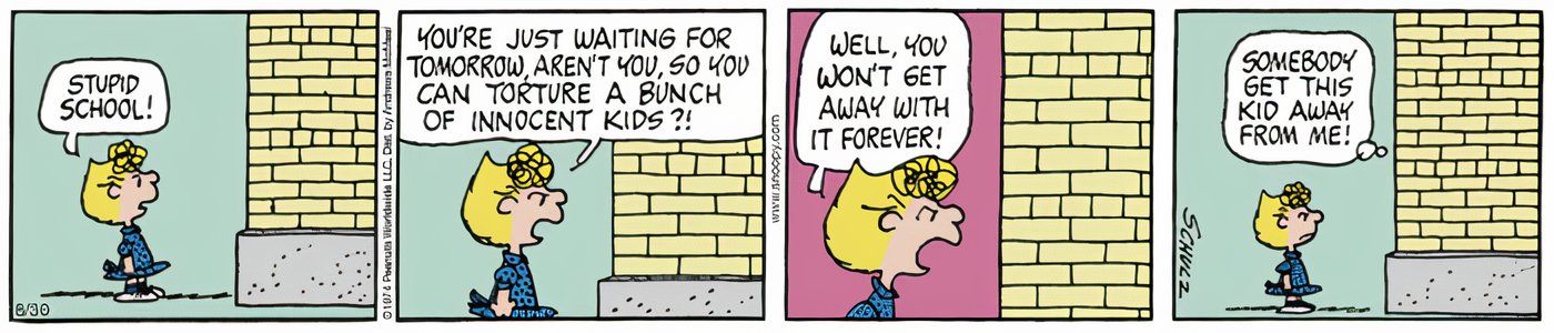 Sally gritando com o prédio da escola em Peanuts. 