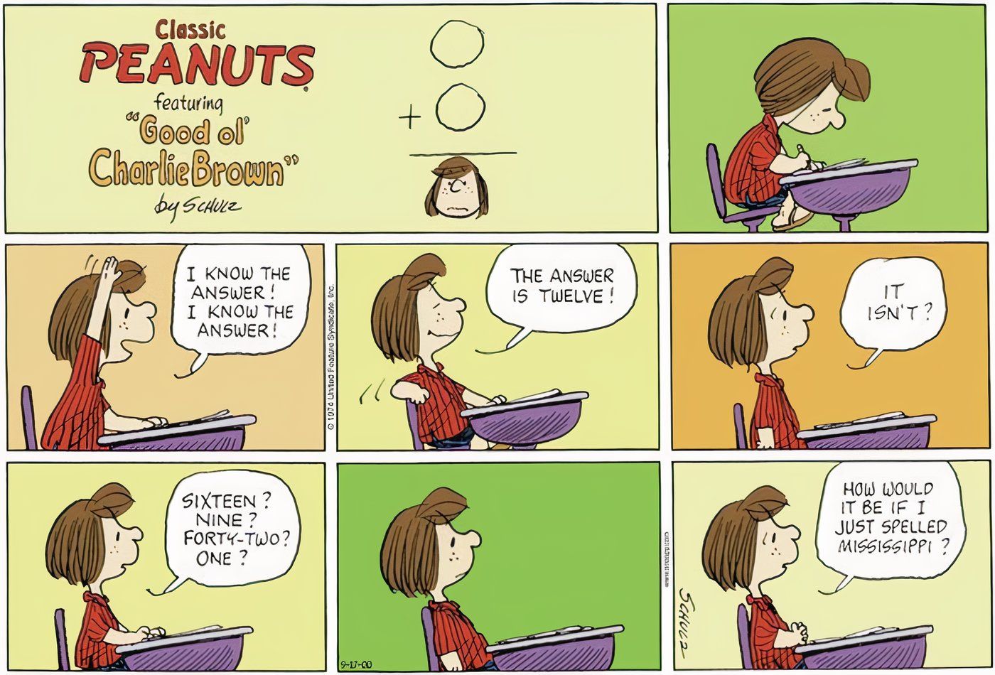 Peppermint Patty errando todas as respostas na aula.