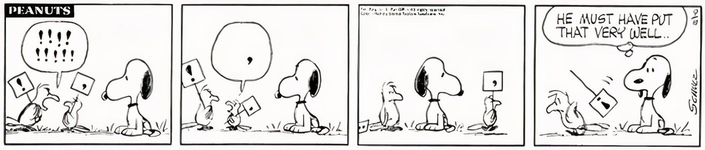 Snoopy percebe outro pássaro com sinal de vírgula mudando a opinião de outros pássaros.