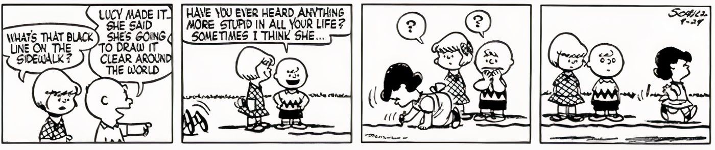 Lucy completing her line around the world, shocking Charlie Brown and Patty.