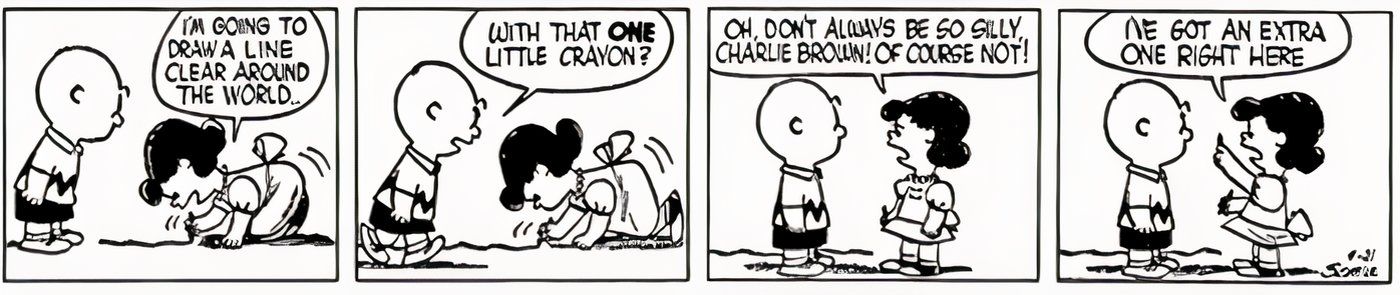 Lucy explains to Charlie Brown that she's drawing a line around the world.