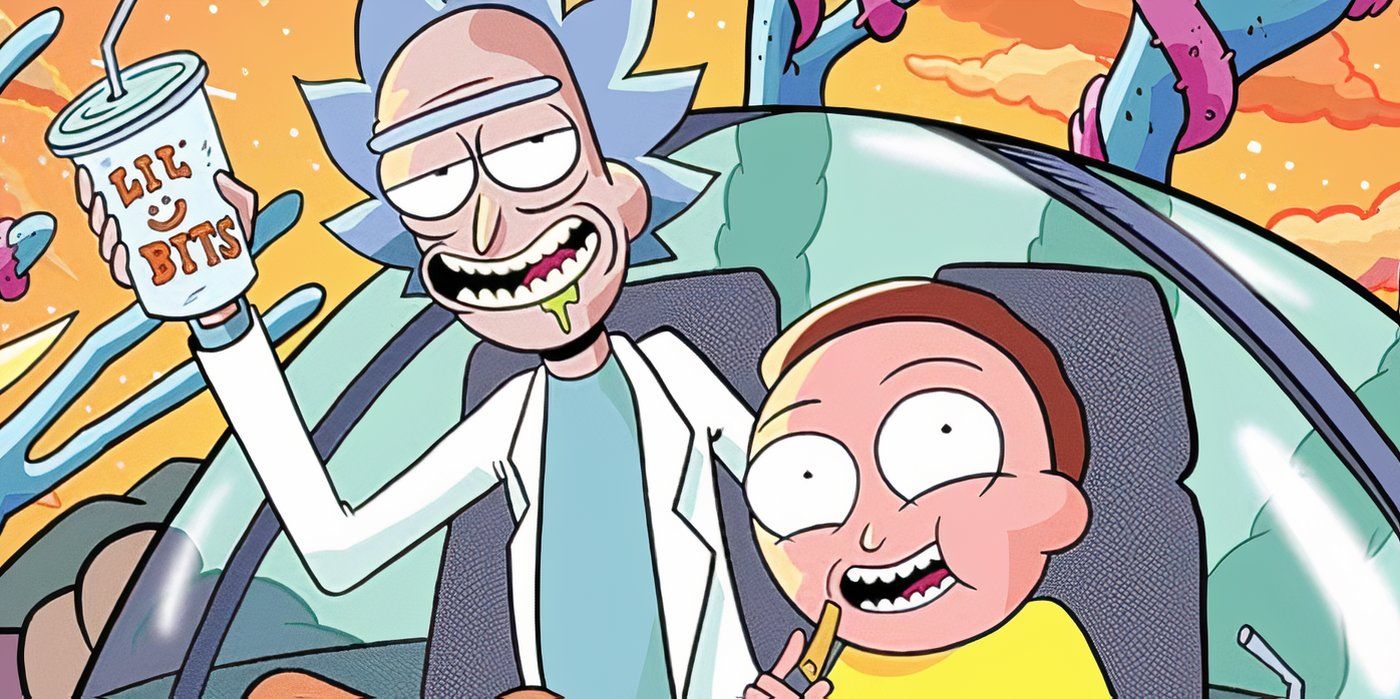 Rick e Morty comendo fast food juntos.