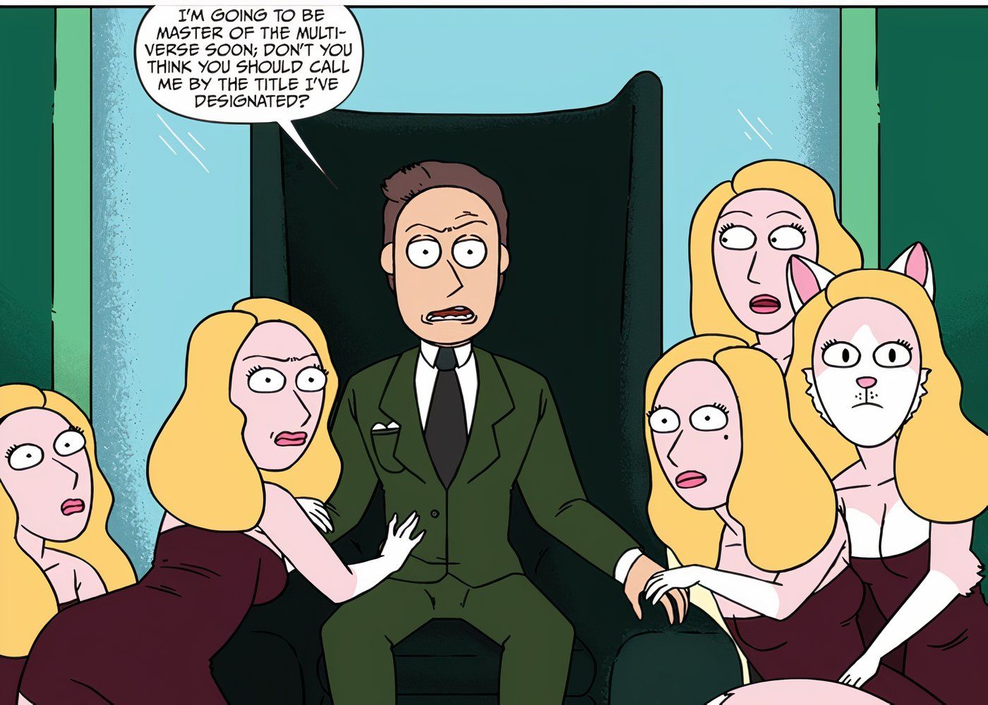 Doofus Jerry de Rick e Morty sentado em um trono com muitas Beths.