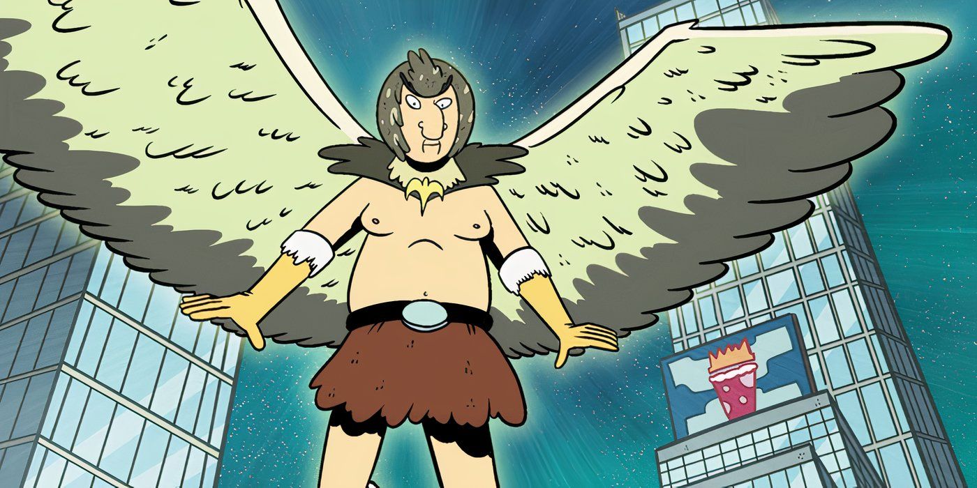 Birdperson de Rick e Morty voando do céu.