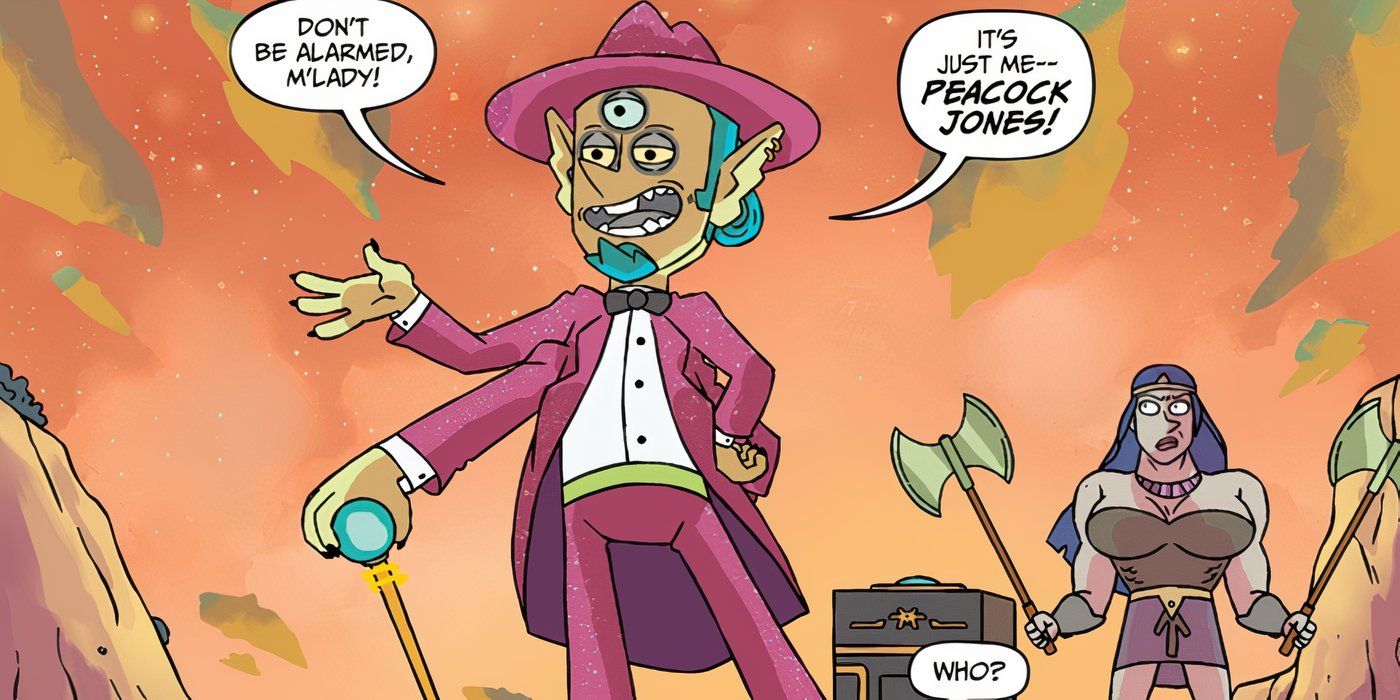 Rick e Morty apresentando um personagem de paródia de Doctor Who: Peacock Jones.