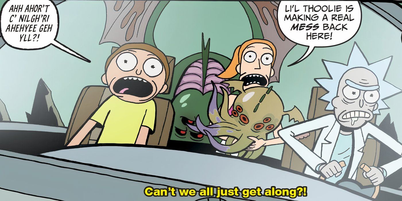 Rick, Morty e Summer voando para longe de Cthulhu.