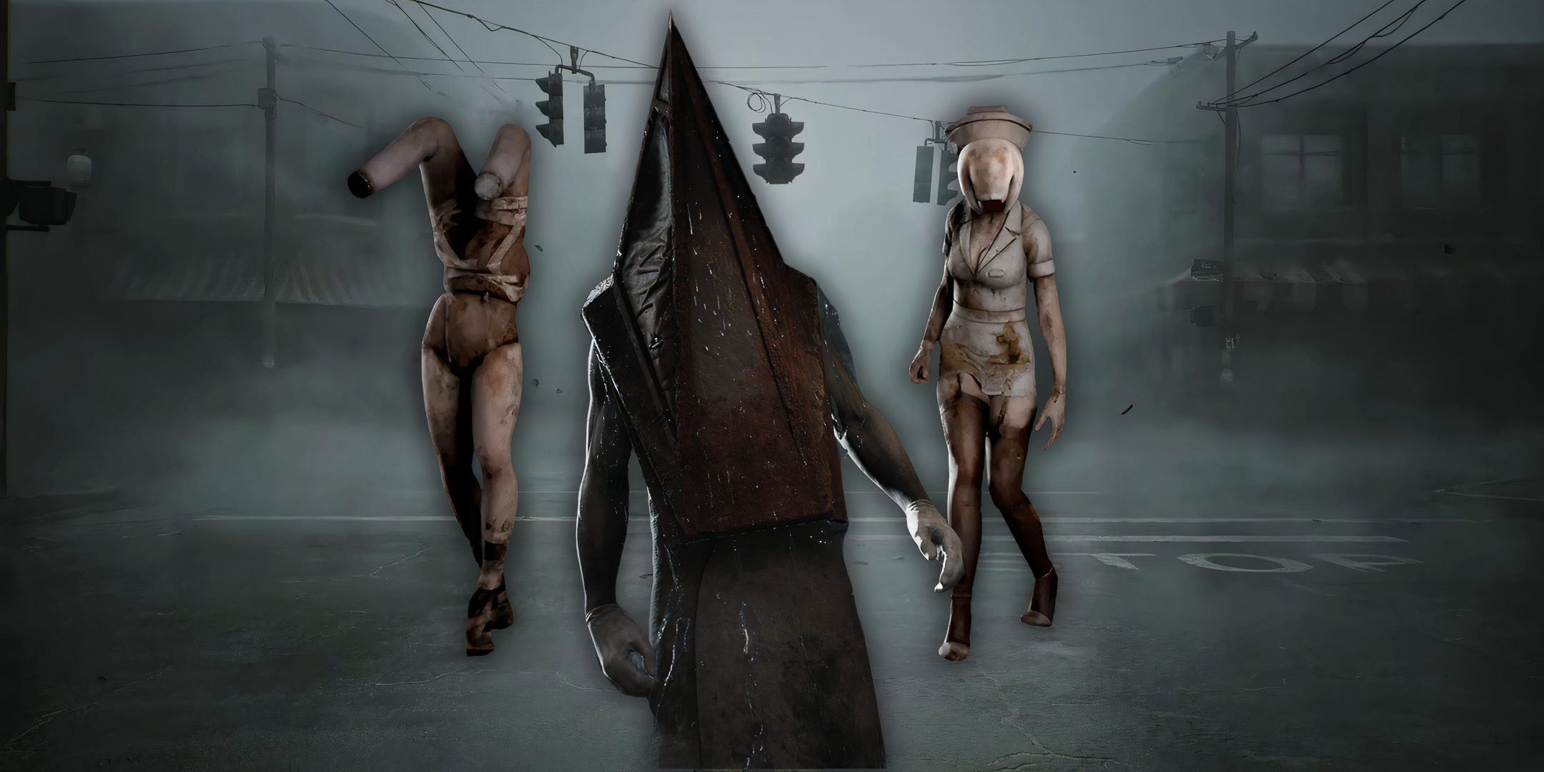 Three enemies, including Pyramid Head, Mannequin and Bubblehead Nurse on a foggy street background.