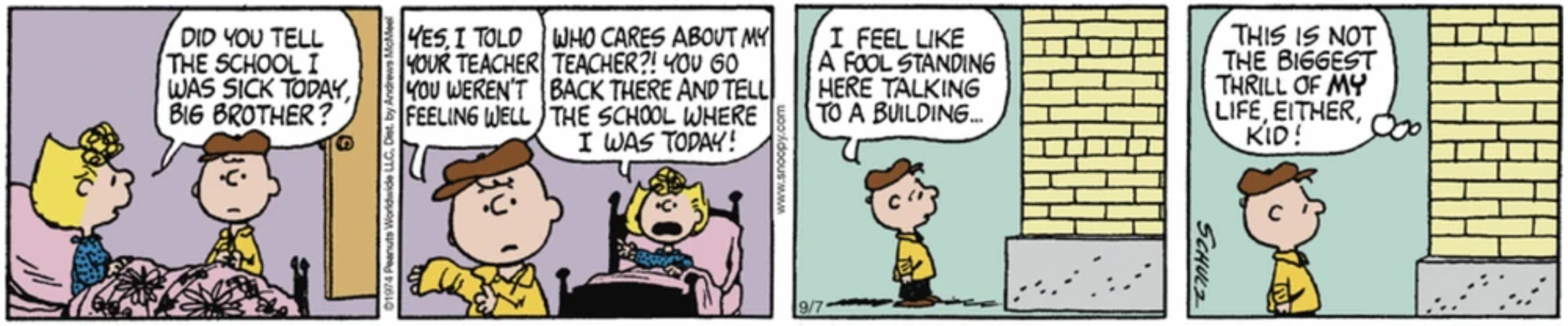 Sally voltou da escola doente e Charlie Brown entregando a notícia no prédio da escola.