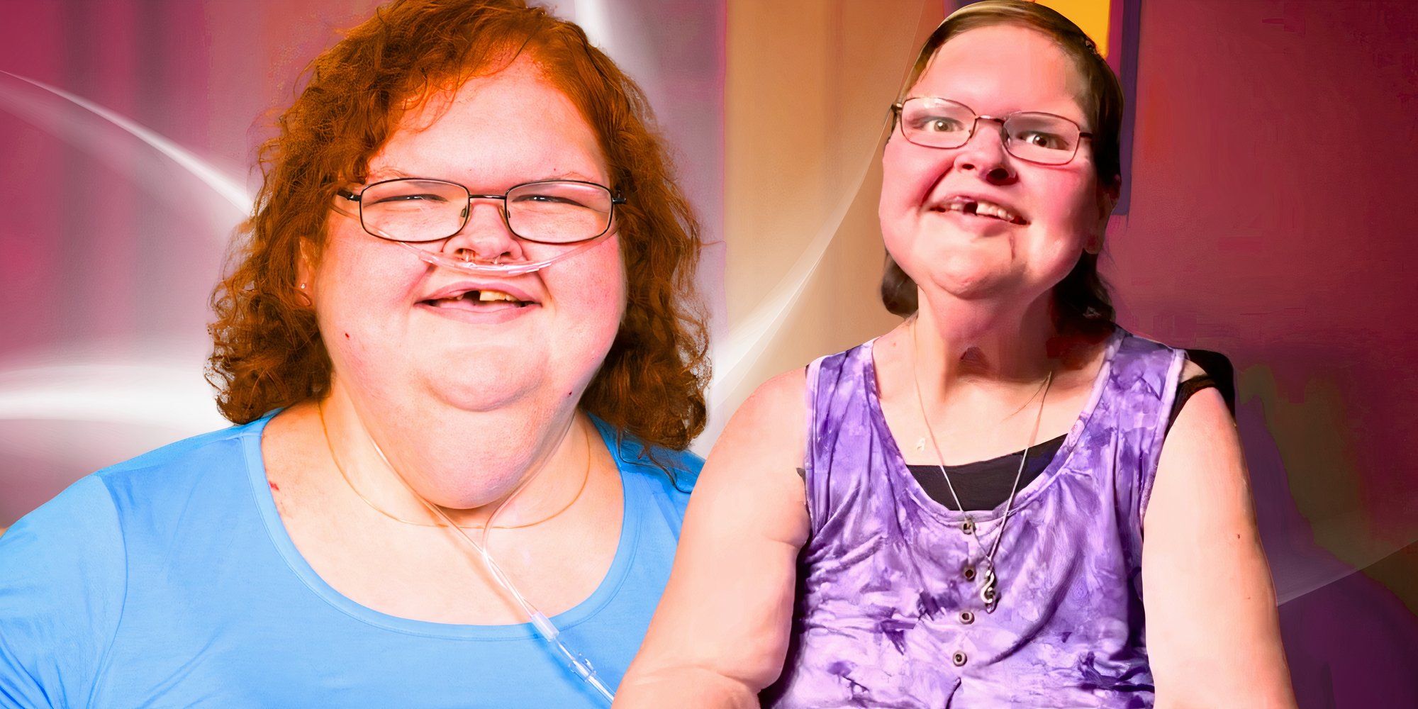 1000 lb sisters star tammy slaton in montage with two poses in blue and purple tops and a red ombre background