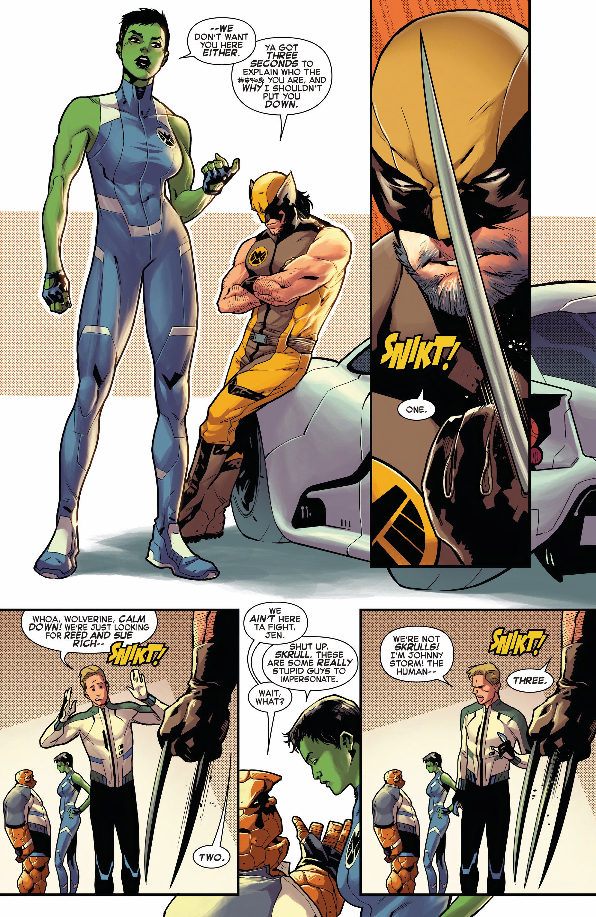 She-Hulk and Wolverine as SHIELD agents revealing their new costumes in their comic debut standing near a car