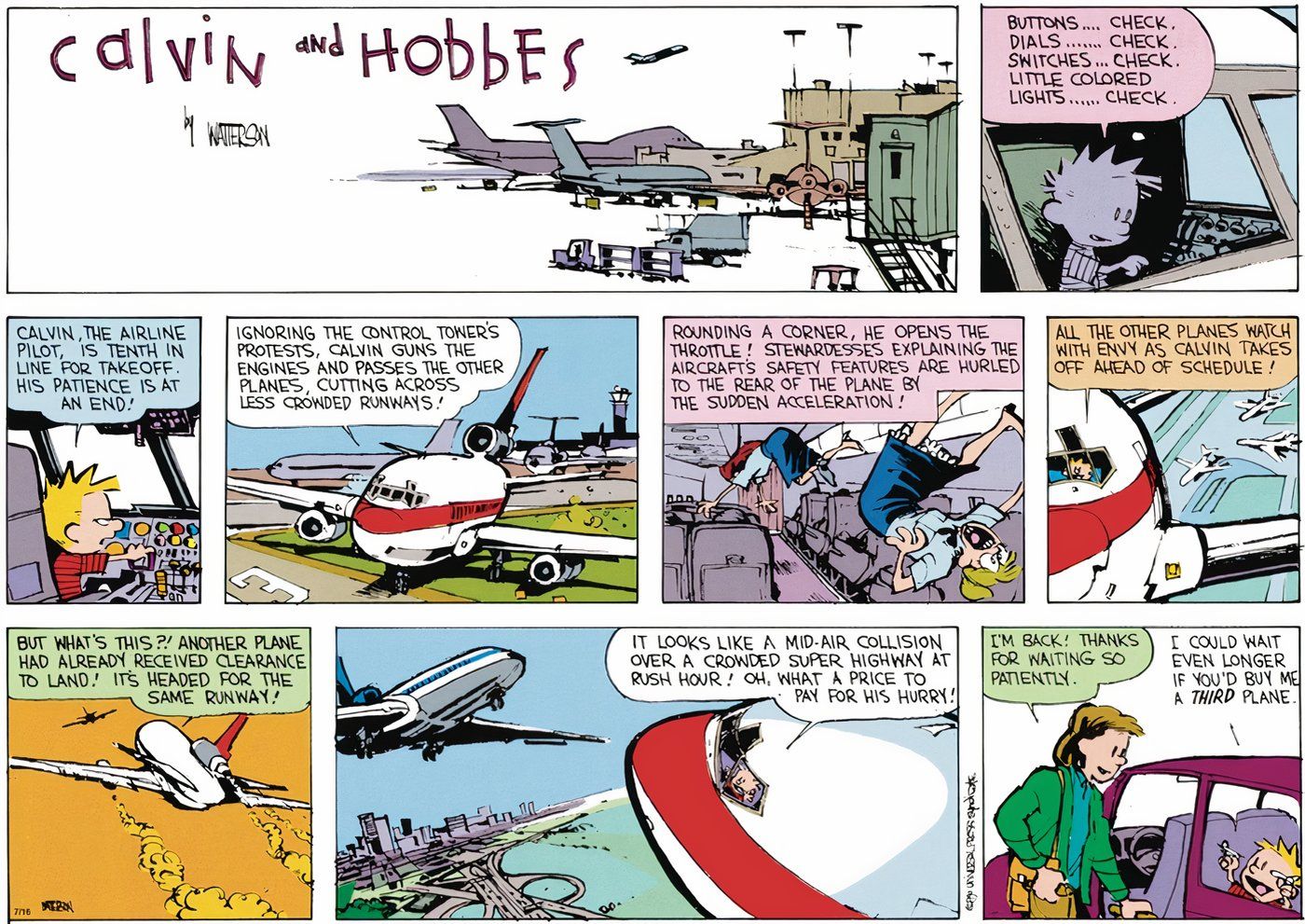 Calvin fingindo pilotar um avião sentado sozinho no carro de sua mãe.