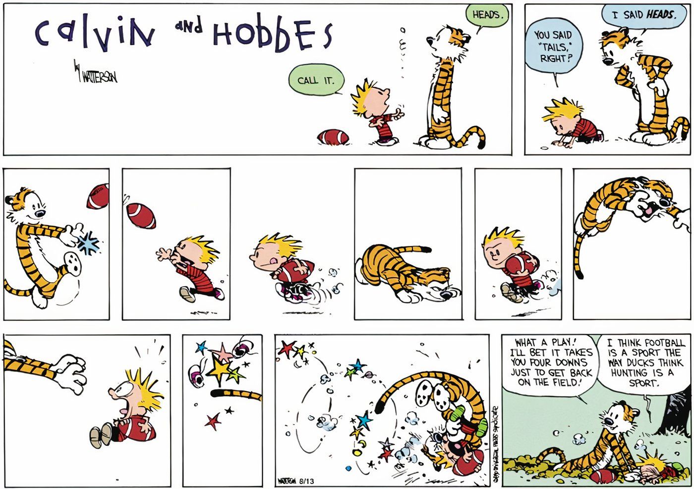 Calvin e Hobbes jogando futebol um contra um.