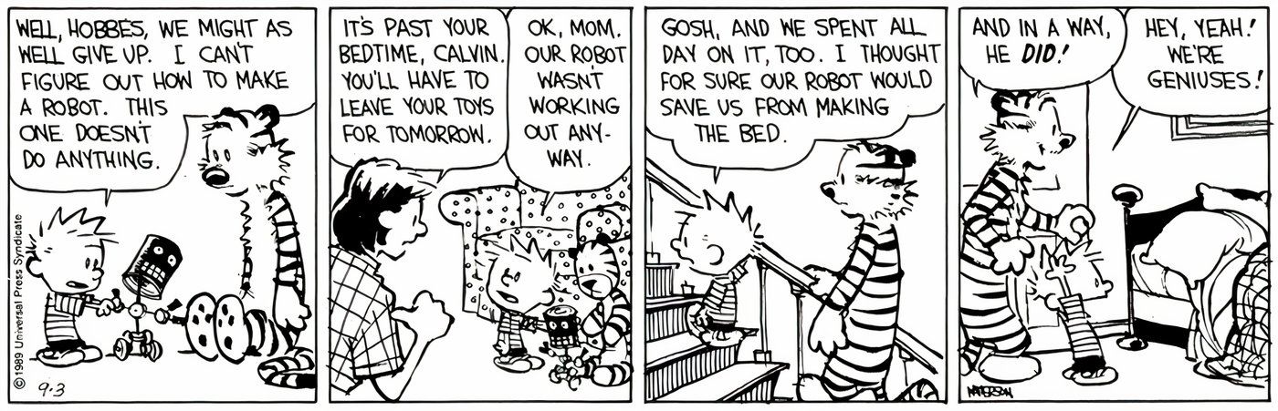 Calvin e Hobbes indo para a cama depois de não conseguirem fazer um robô funcional.