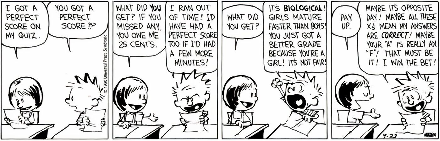 Calvin perdendo uma aposta para Susie em Calvin e Hobbes. 