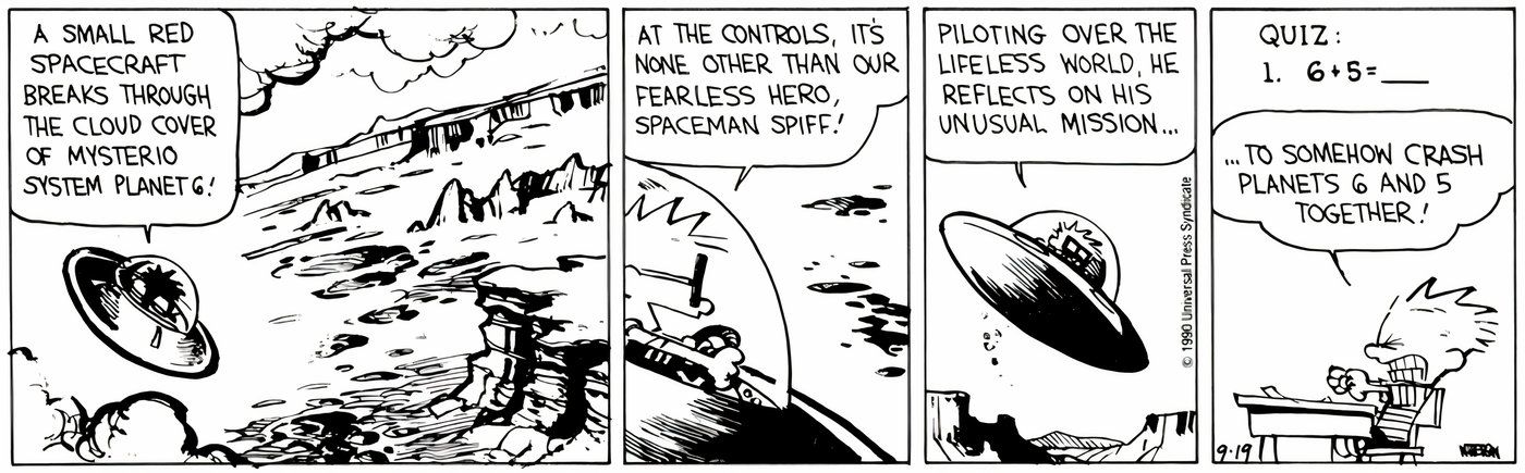 Calvin se imaginando como o astronauta Spiff durante um teste de matemática. 