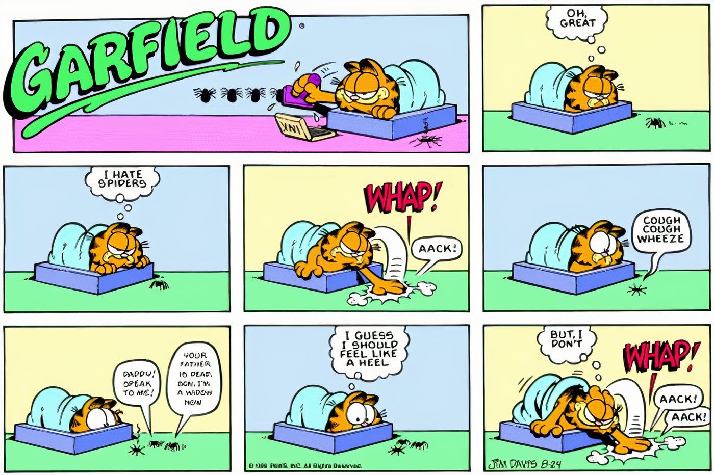 Garfield matando uma família inteira de aranhas.