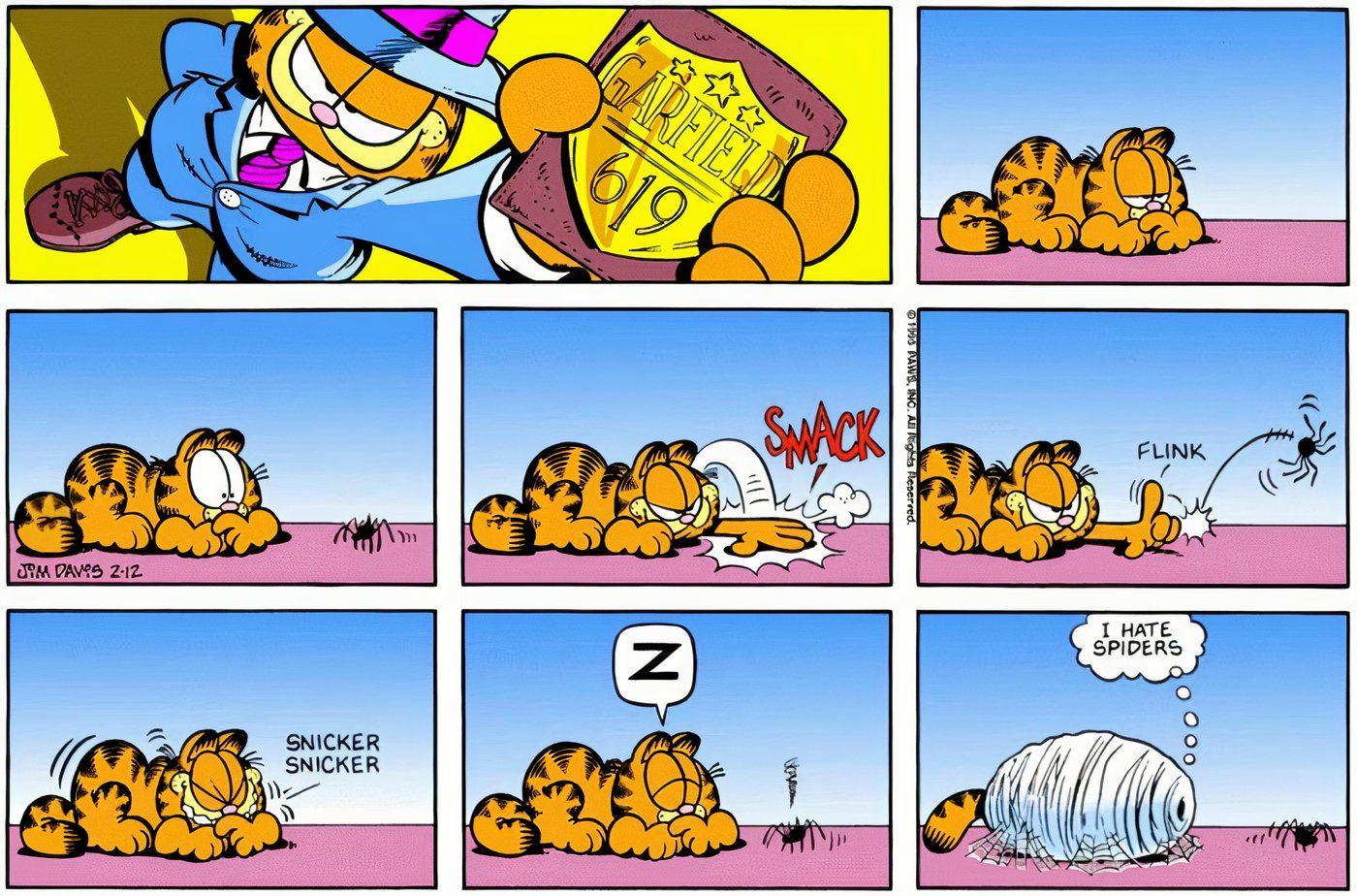 Garfield se envolvendo em uma teia de aranha.