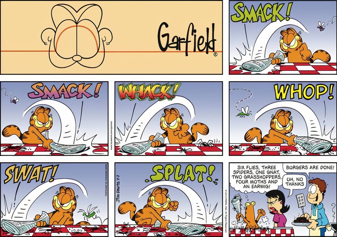 Garfield matando muitos insetos durante um piquenique com Liz e Jon.